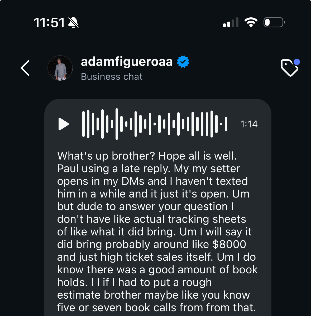 Adam Figueroa message confirming booked calls and revenue